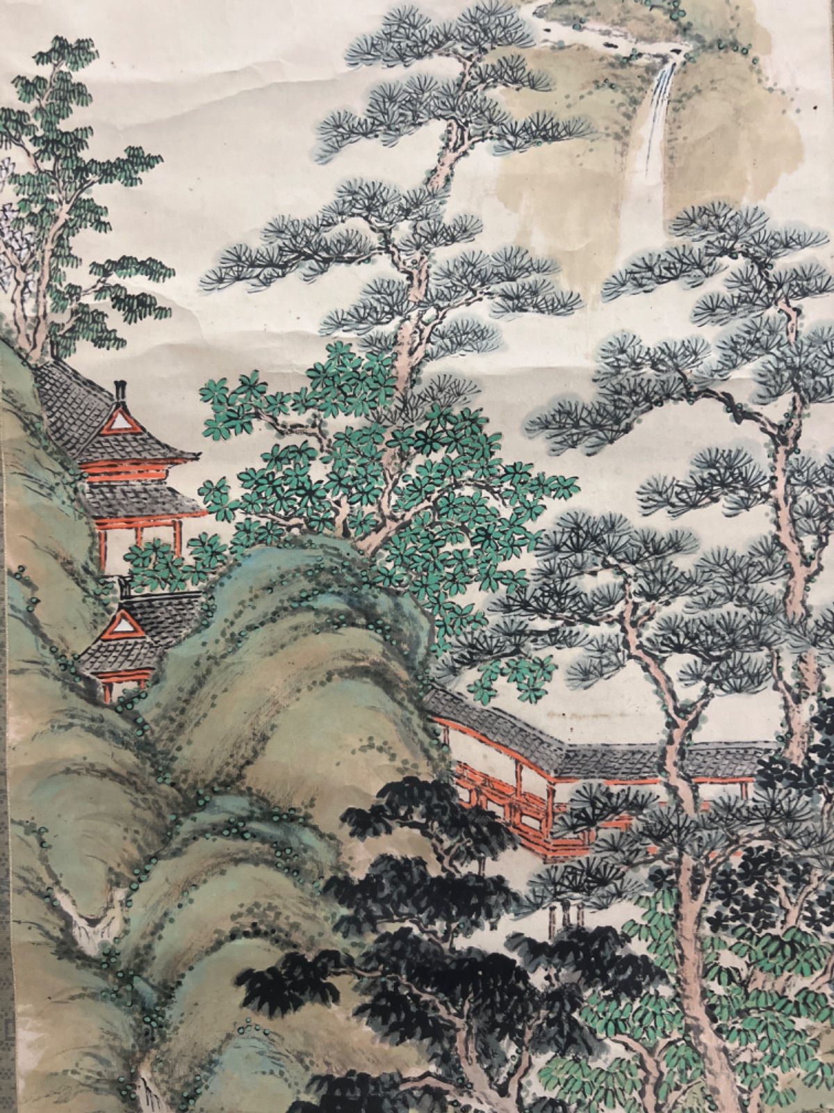 山水画 仙阁画 肉筆 紙本 青緑山水 在銘