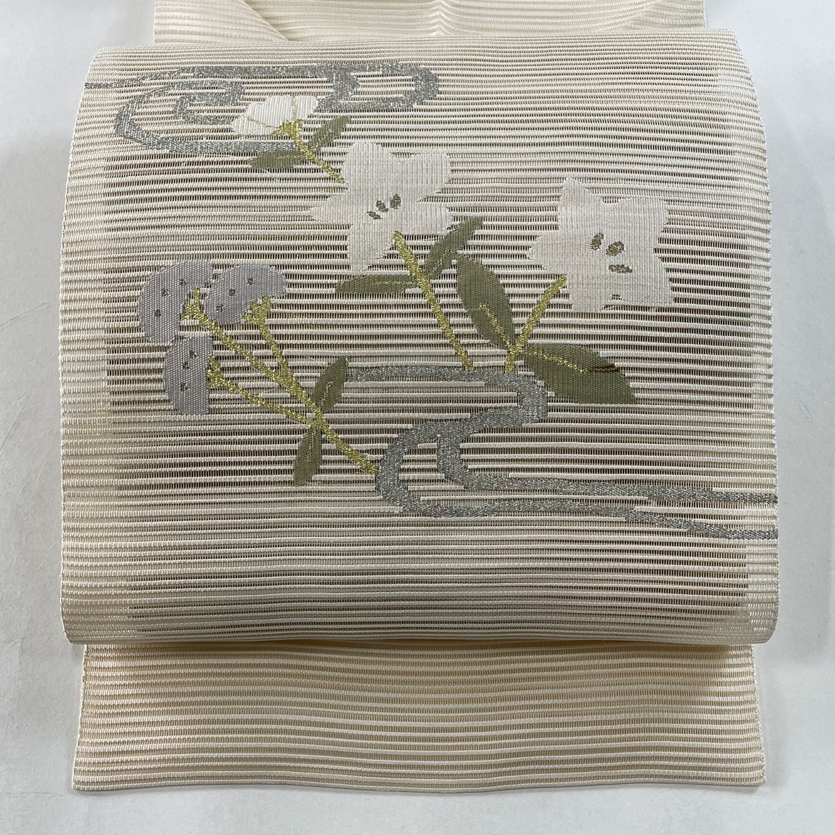 名古屋帯 秀品 夏帯 絽 松葉仕立て 八寸名古屋帯 秋草 流水 金銀糸 ベージュ 正絹