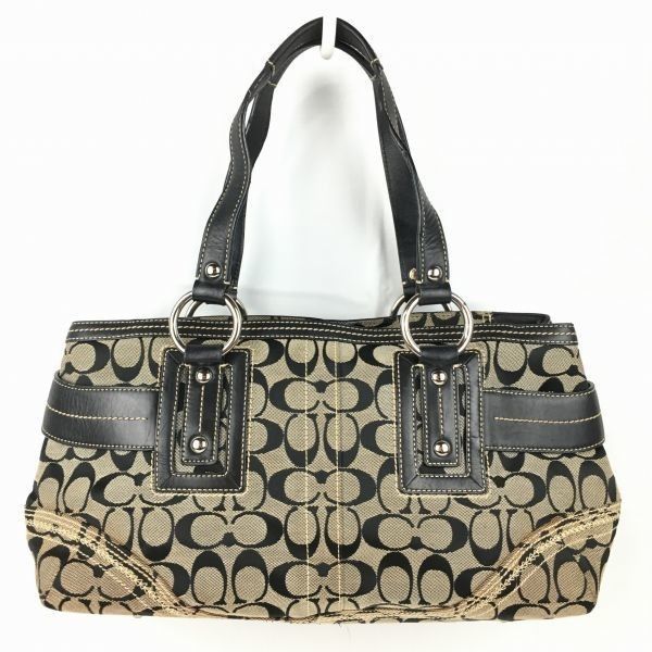 COACH|コーチ ミニボストンバッグ 黒|BLACK|ブラック ×ベージュ シグネチャー 内ポケット3か所 管NO.B1-31