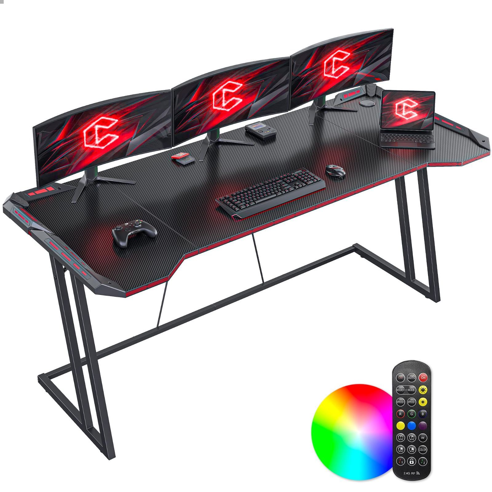 LED付き 炭素繊維天板 組み立て簡単 幅160cm*奥行き60cm 頑丈 ゲーミングテーブル パソコンデスク ゲーミングデスク ゲーマー向き デスク ゲーム実況安定性 おしゃれ CubiCubi 一人暮らし ゲームデスク ブラック