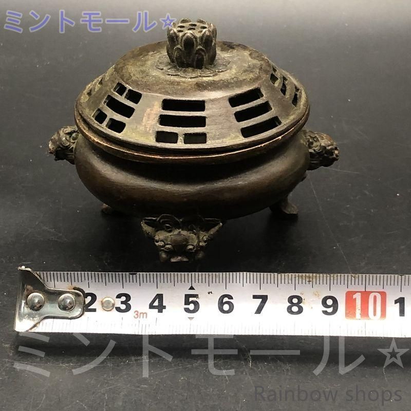 新品未使用】銅器 三足双獅頭香炉 蓮華蓋薫香炉 茶道薫香炉 装飾