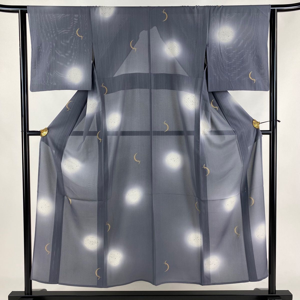 小紋 身丈152cm 裄丈62.5cm S 薄物 絽 亀甲 幾何学模様 銀糸 金彩 灰色 正絹 秀品