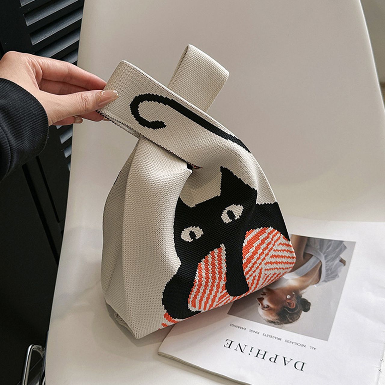 猫柄 ニットバッグ クロシェ編み ミニトート トートバッグ ランチトート かわいい 黒猫 ねこ 猫 バッグ お弁当 ランチボックス 猫グッズ 猫雑貨 猫好き プレゼント ギフト【168】