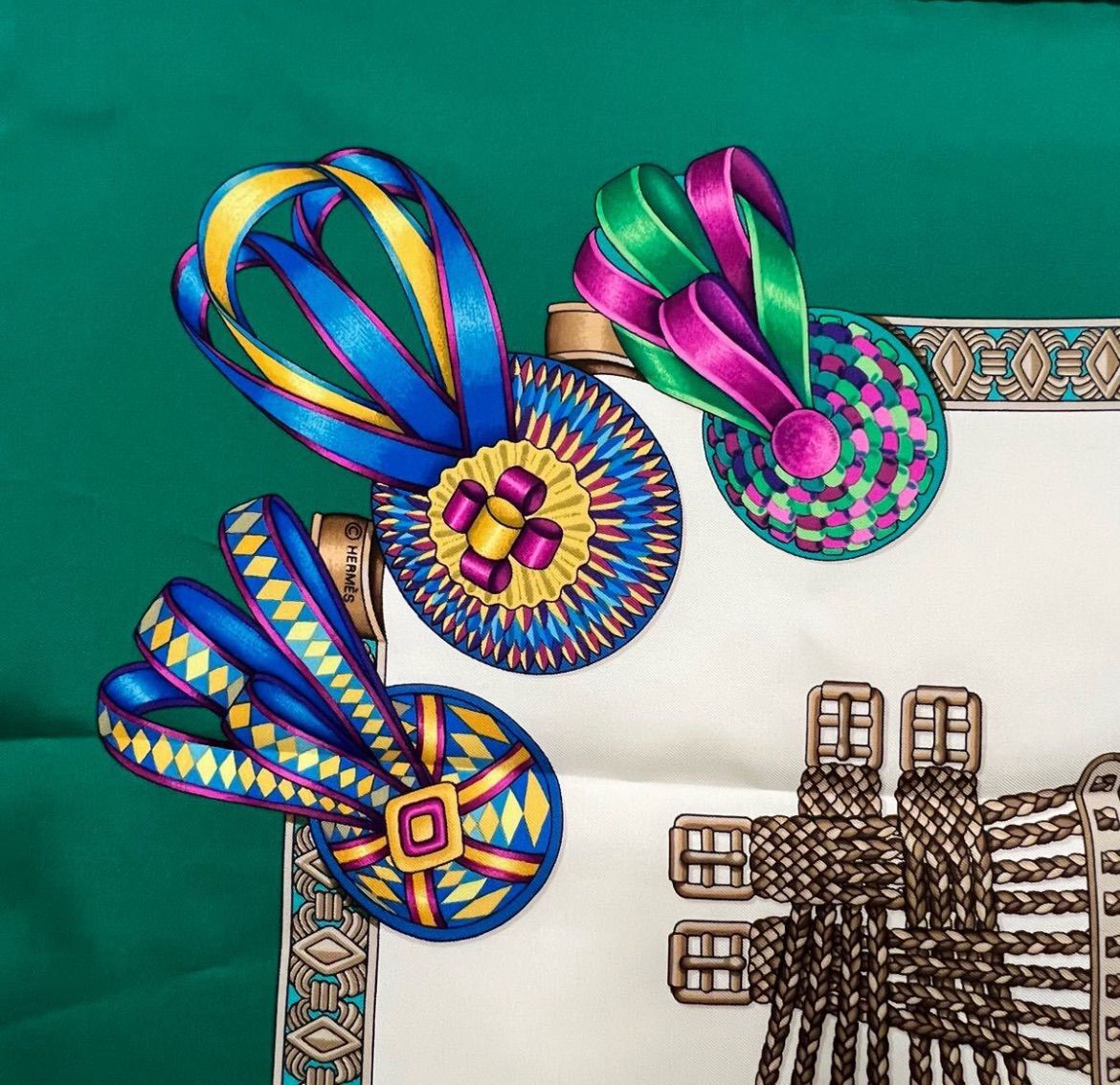 エルメス HERMES スカーフ rubans 馬のリボン グレー カレ90