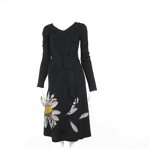 Desigual★モノトーン フラワー柄☆長袖☆ロングワンピース デシグアル Desigual ワンピース フラワー 花柄 フロッキー ロゴ
