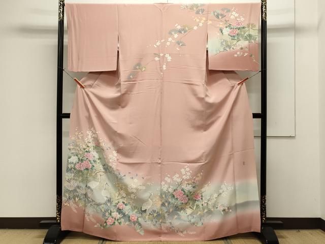 平和屋着物□訪問着 友禅 作家物 刺繍 群鶴松葉花文 暈し染め 金彩  