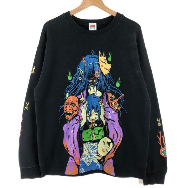【古着】 スウェット 怪物 和装 女の子 袖プリント 漫画 アニメ ブラック系 メンズM 【中古】 n058927