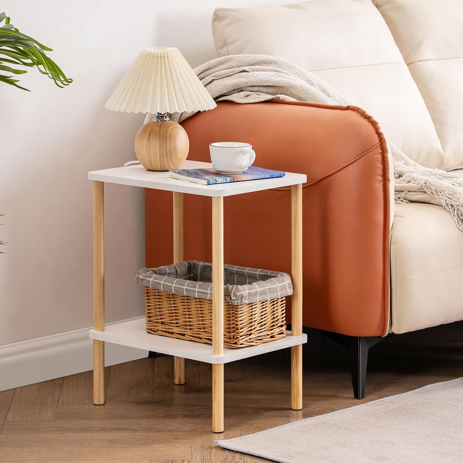 【人気商品】小さい おしゃれ 天然木 収納棚付き ベット用 リビング ナイトテーブル ソファサイド 一人暮らし カフェテーブル サイドテーブル (40cm*30cm*54cm ナチュラル+ホワイト)