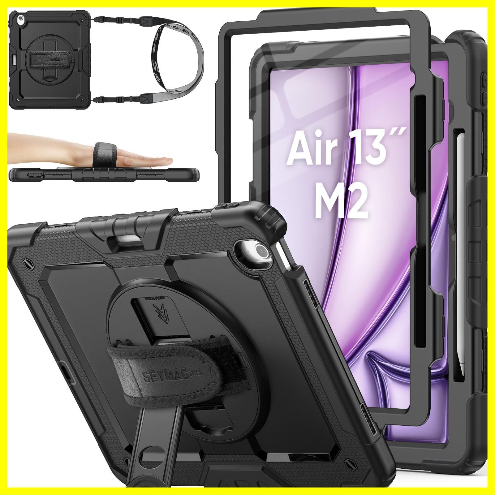 【人気商品】iPad 全面保護カバー ショルダーストラップ Air ハンドストラップ 360回転スタンド ペン収納 13 保護フィルム付き Air(M2)耐衝撃ケース 13インチiPad 2024専用型（ブラック） 2024年 stock SEYMAC