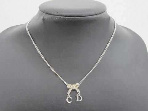 ディオール Dior メタル ラインストーン リボン CDロゴ ネックレス シルバー レディース