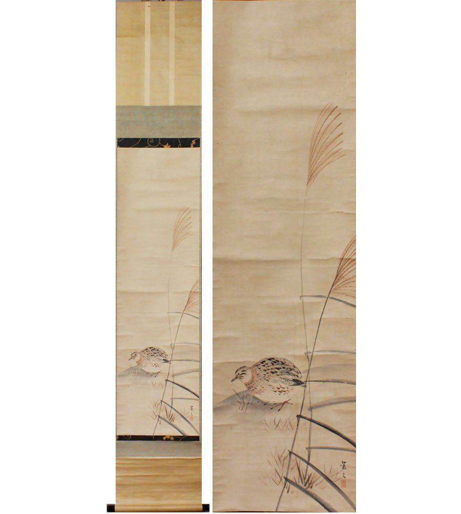 源・M》江戸期・古画 巨匠 松村景文 筆「秋景・薄鶉図」/箱付