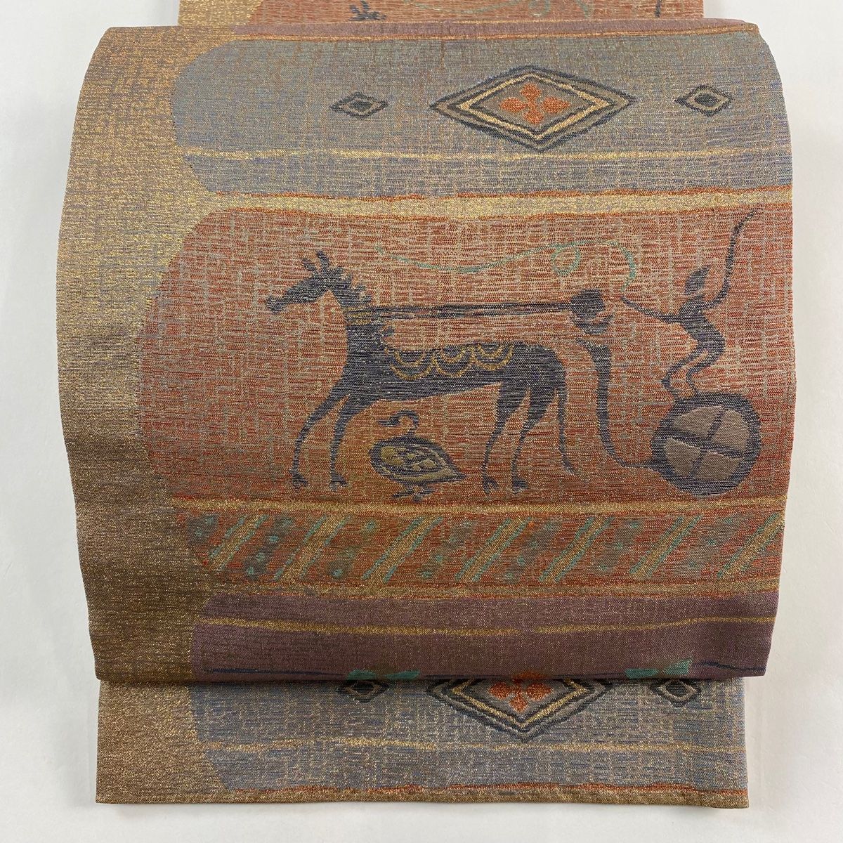 袋帯 秀品 人馬 菱 箔 青灰色 六通 正絹