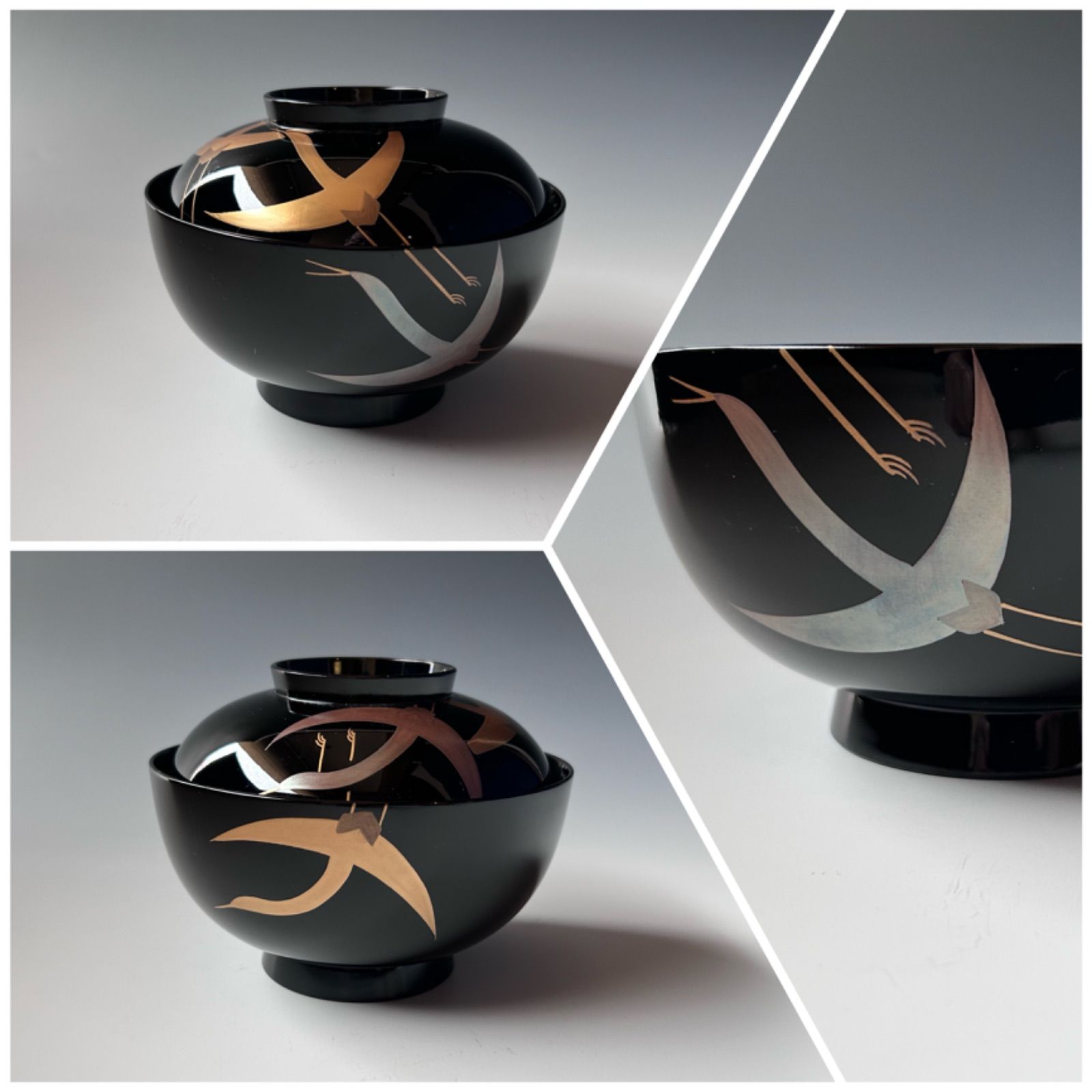 煮物椀　琳派　鶴蒔絵　五客組　静寛　共箱　山中塗　懐石　漆器　正月　初釜　茶道具 煮物椀 琳派 鶴蒔絵 五客組 静寛 共箱 山中塗 懐石 漆器 正月 初