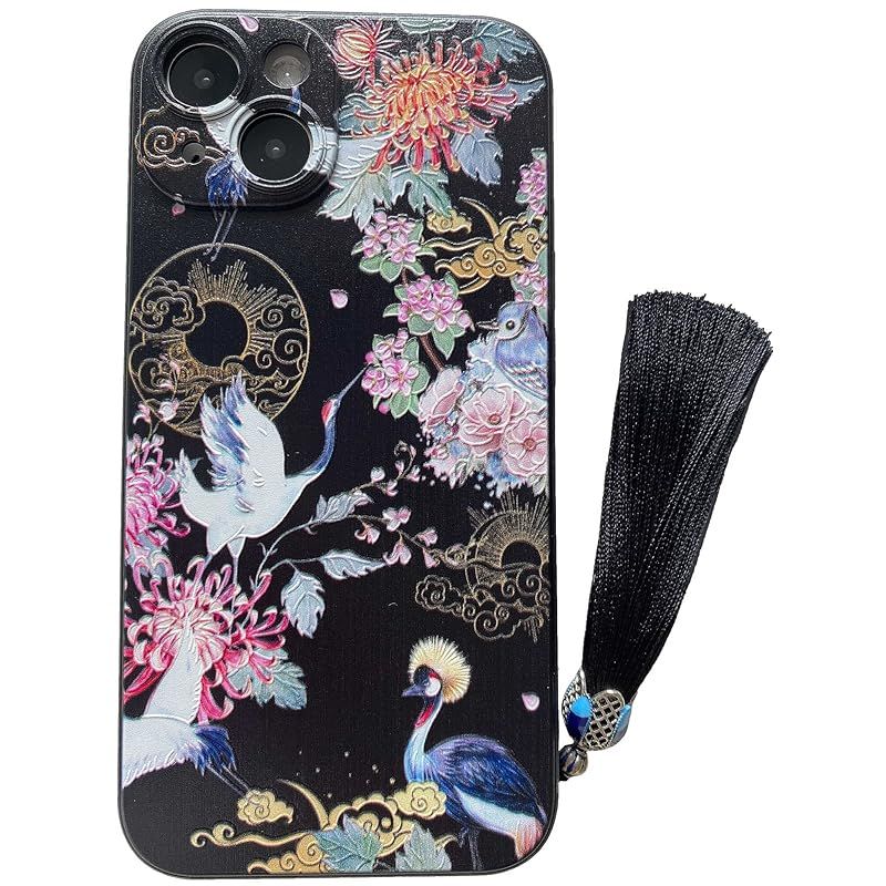 新品　KOLO【鶴 花】 iPhone対応 15 Plus ケース iPhoneケース iPhone15plusケース 菊 中国風のスマホケース スマホカバー(黒 iPhone15 Plus