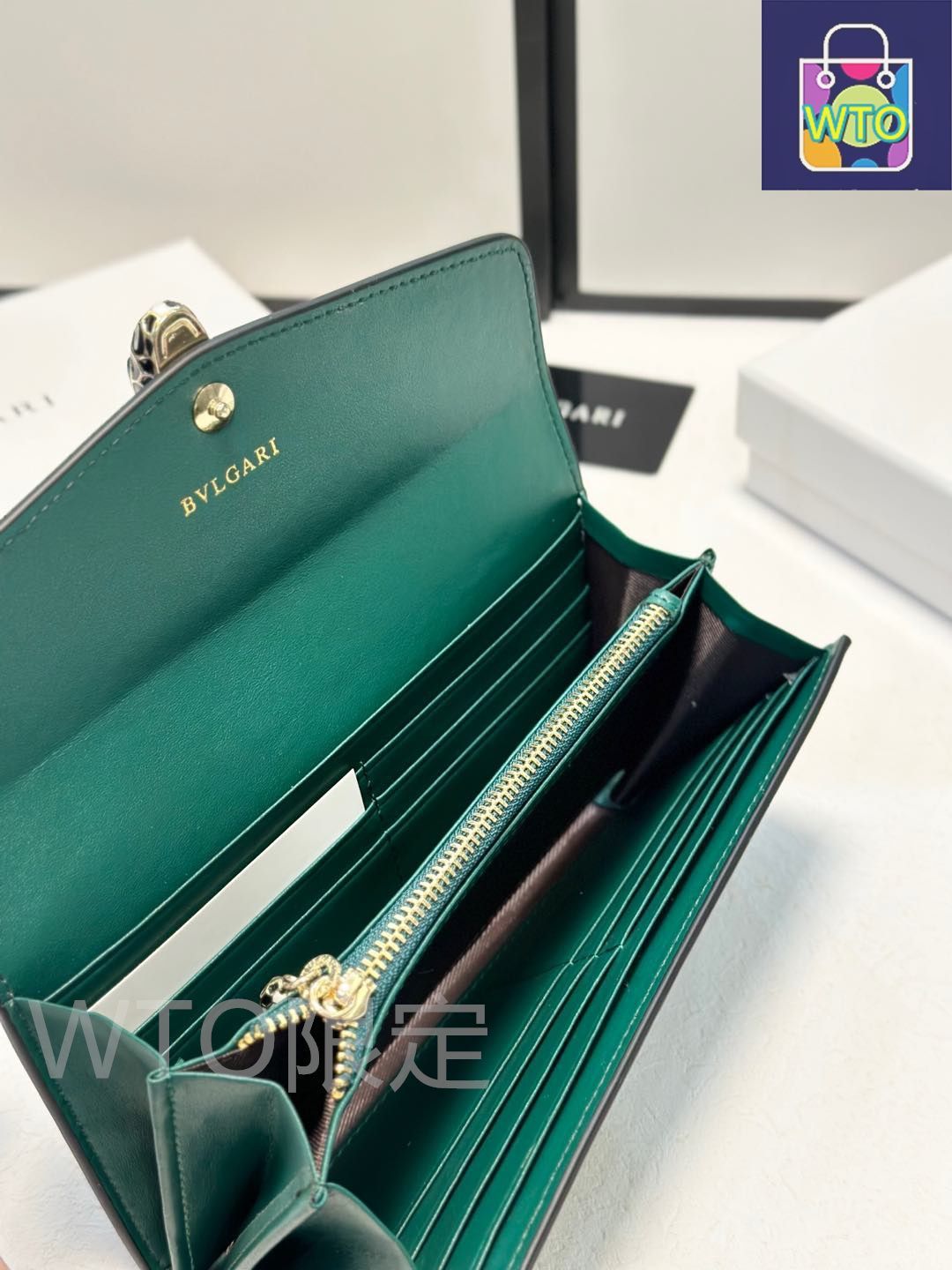 専用 BVLGARI サークルロゴ レザー グリーン 長財布 7003 今日特価】BVLGARI レディースウォレット, ブラック/グリーン