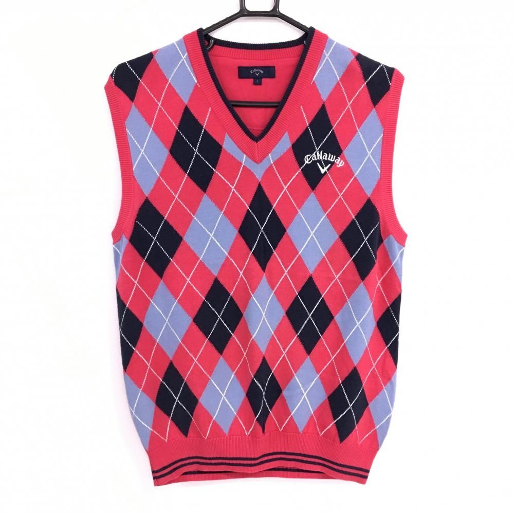 新品　キャロウェイ　ニット　ベスト　アーガイル　Lサイズ 赤 美品】キャロウェイ ニットベスト レッド×ネイビー アーガイル柄 ロゴ