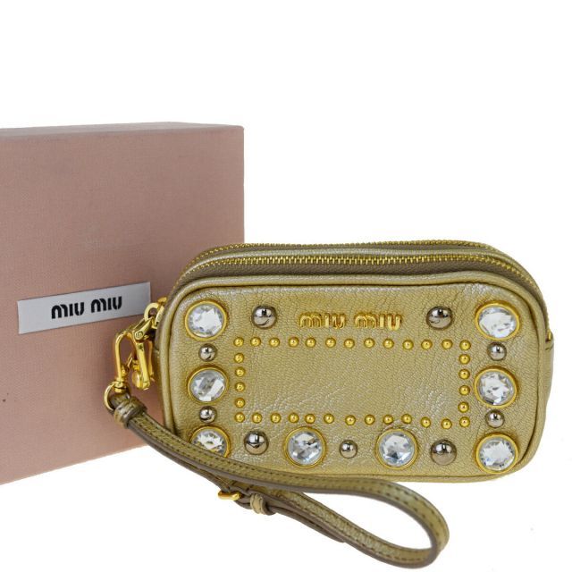 【良品】 ミウミウ ＊ ケース スタッズ ラインストーン ミュウミュウ(Miu Miu) オンライン スタッズ レザー,ラインストーン