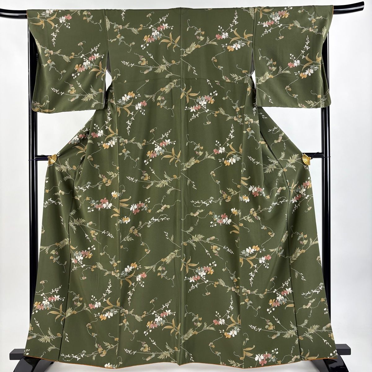 【最新作入荷】 小紋 身丈161.5cm 裄丈67cm M 袷 草花 金彩 茶緑色 正絹 秀品