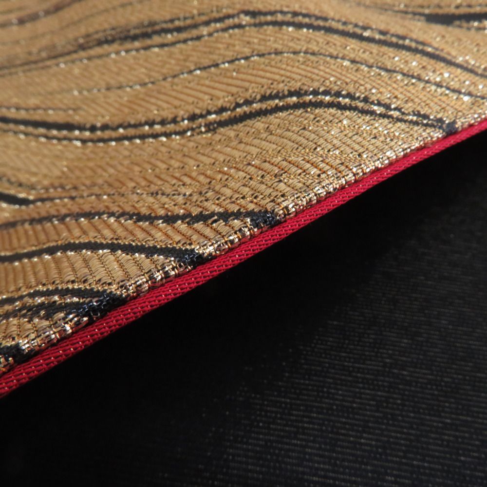 袋帯 振袖用 絹 波に桜紋様 ゴールドxブラックxホワイト 金糸銀糸 六