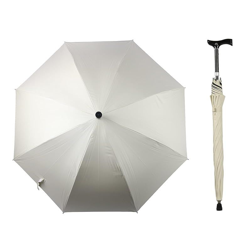 杖傘 F-SEASONS 高さ調整 ステッキ傘 長さ可変式 ステッキ 傘 一脚杖 ワンタッチ 晴雨兼用 UVカット 遮熱効果 長傘 祖父母 プレゼント 杖 自動開 散歩 ハイキング 旅行 行列 運動会 シニア アイボリー