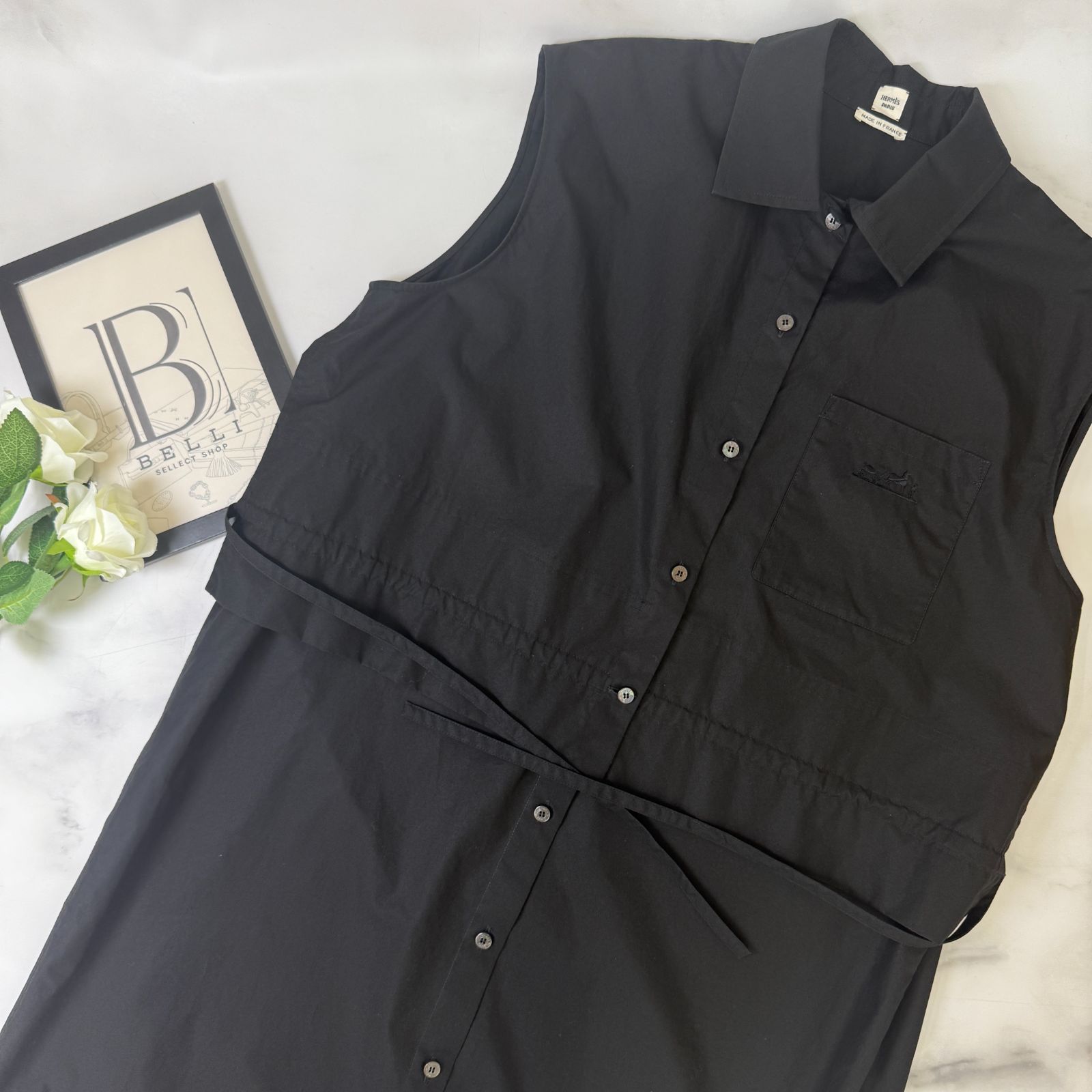 美品 】エルメス ノースリーブ シャツワンピース 42 ブラック コットン