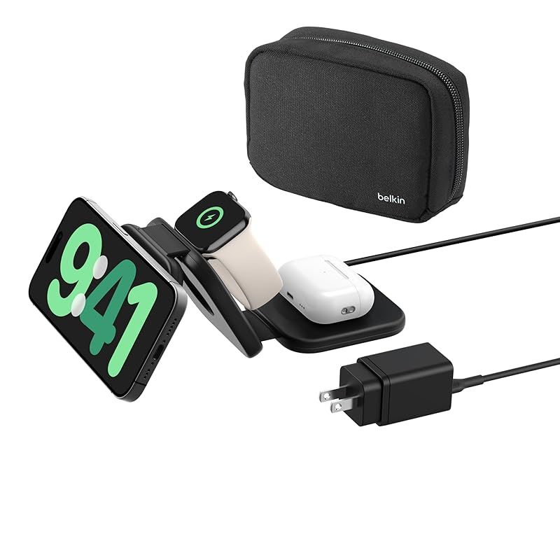 Belkin 3-in-1 Qi2ワイヤレス充電 ポータブルパッド Qi2公式認証|MagSafe対応 iPhone 16|15|14|13|12|Qi2対応スマートフォン 最大15W高速充電 Apple Watch 10|9|8|7|Ultra|Ult 1