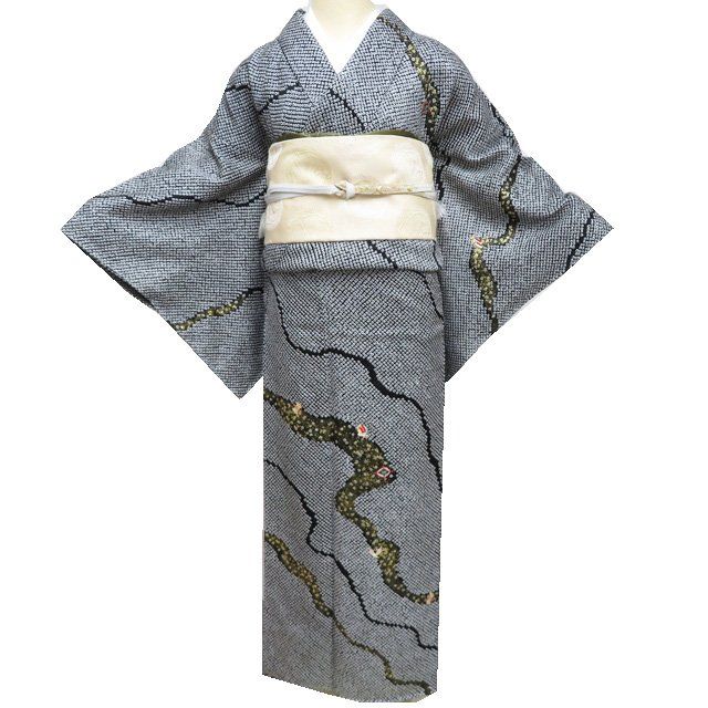 訪問着 着物 中古 正絹 袷 総絞り 鹿の子絞り 刺繍 宝物 M A1187