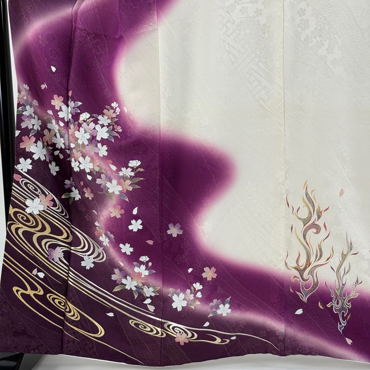 訪問着 身丈165.5cm 裄丈69cm L 袷 京金彩 華陽 落款 桜 流水 金銀彩 染め分け 濃紫 正絹
