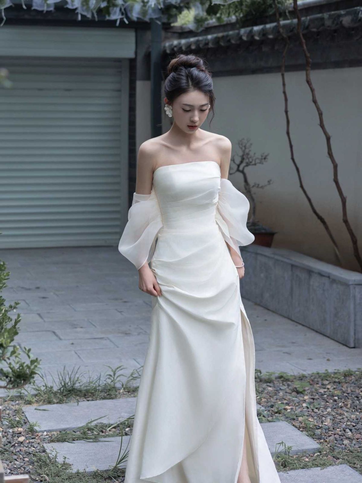 ウェディングドレス　サテン　前撮り　ロケーション撮影　オフショルダー　マーメイド 新品未使用】高級サテン ウェディングドレス 前撮りドレス マーメイド