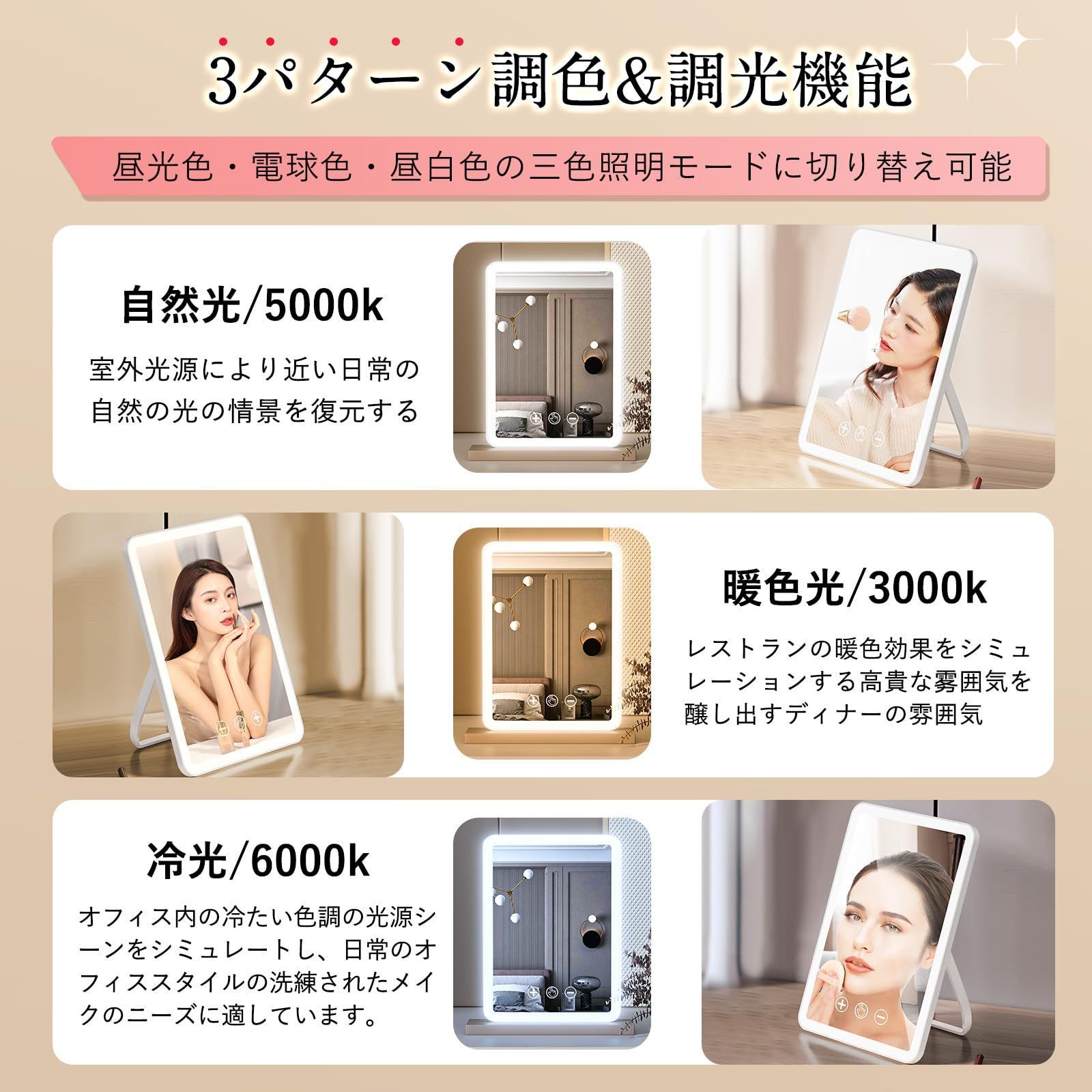 壁掛けフック付(ホワイト) 旅行の必需品 収納便利 女優ミラー 化粧鏡 