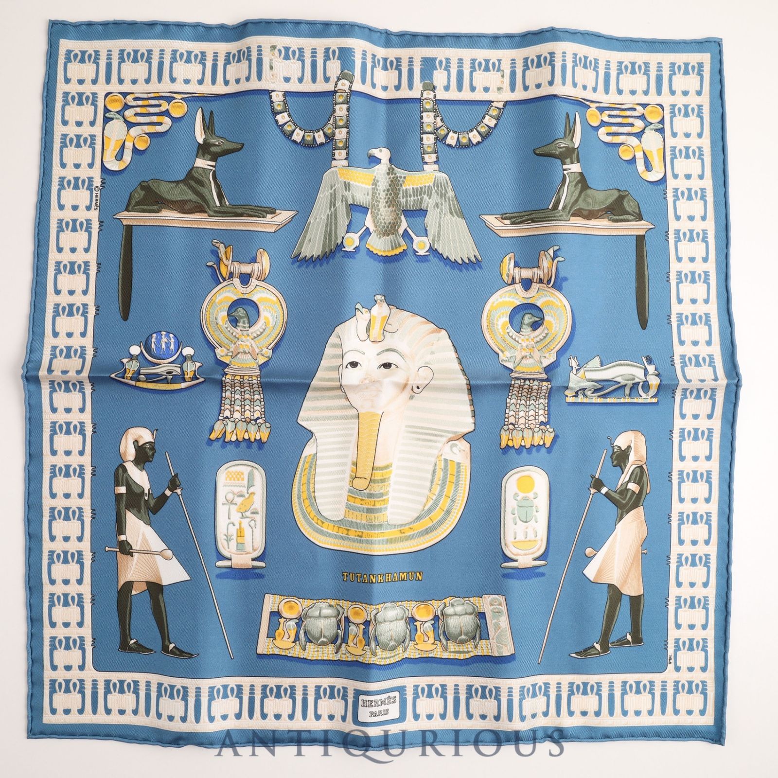 HERMES エルメス スカーフ CARRES45 カレ45 TUTANKHAMUN ツタンカーメン シルク ブルー  箱