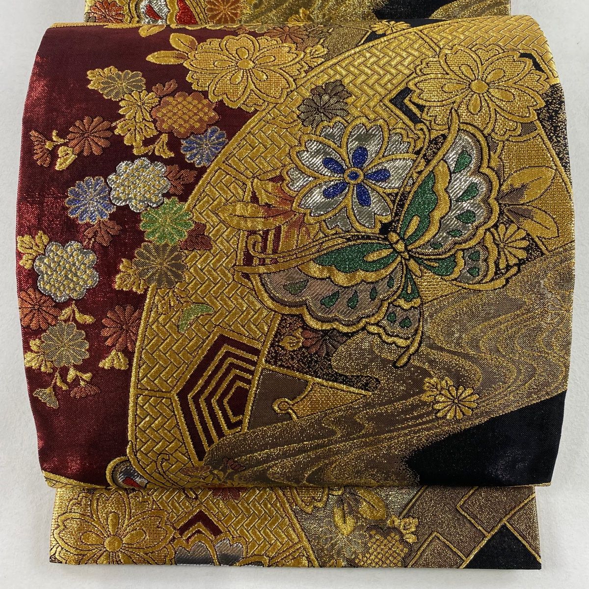 308y15〇袋帯 梅 桜 金糸 メモリヤンコート〇美品 成人式 結婚式 袋帯 美品 秀品 振袖向き 桜 金糸 箔 赤 六通 正絹 【中古
