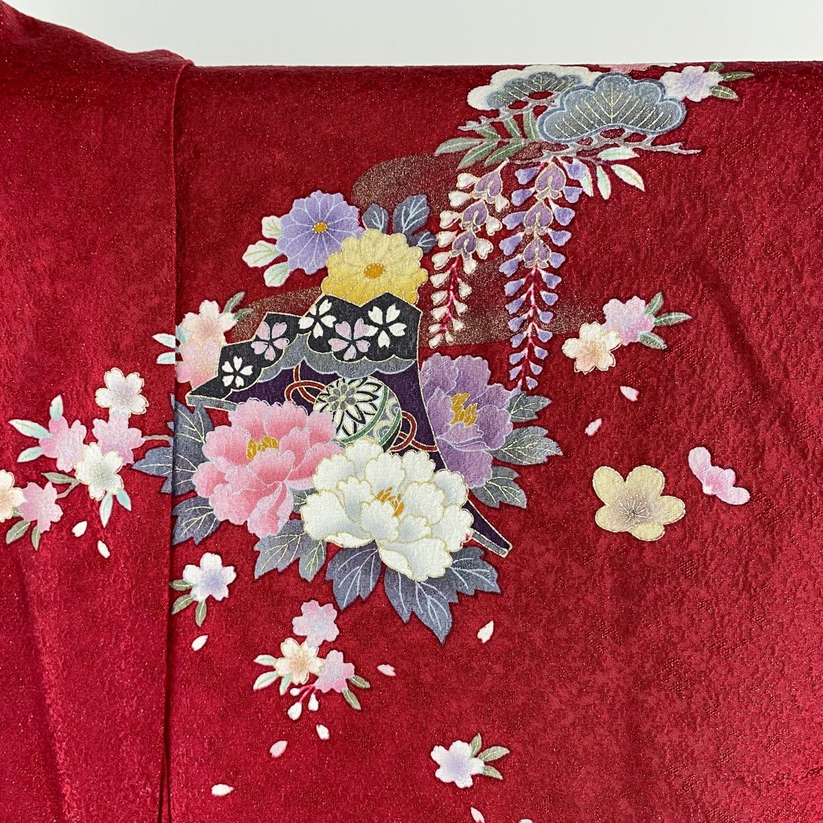 振袖 身丈174.5cm 裄丈68cm L 袷 御所車 牡丹 刺繍 銀通し 赤