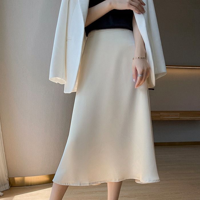 光沢 ロング丈 サテンスカート レディース ハイウエスト 光沢 無地 aライン フ スカート 夏 膝丈 シルク風 涼しい おしゃれ 着痩せ リゾート 普段着 お出かけ 通勤 二次会qitong08