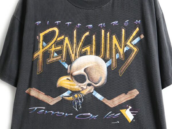 90s 人気 黒 □ NHL オフィシャル ペンギンズ プリント 半袖 Tシャツ ...