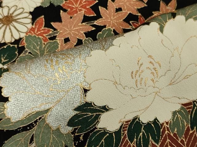 平和屋着物●アンティーク　大正ロマン　黒留袖　型友禅　両妻　飛鶴花文　金糸　正絹　逸品　AAAY4739ck 平和屋着物○アンティーク 大正ロマン 黒留袖 型友禅 両妻 飛鶴花