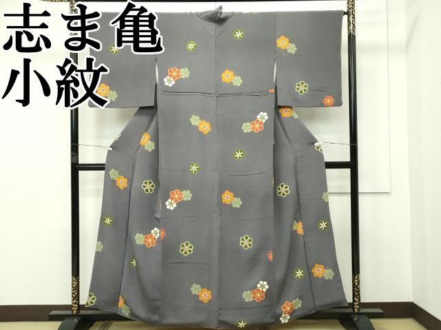 さ*や様 志ま亀、鬼しぼ縮緬童柄 小紋着物 平和屋本店□極上 銀座 志ま亀 小紋 舞花文 金彩 鬼しぼ縮緬 黒橡色地