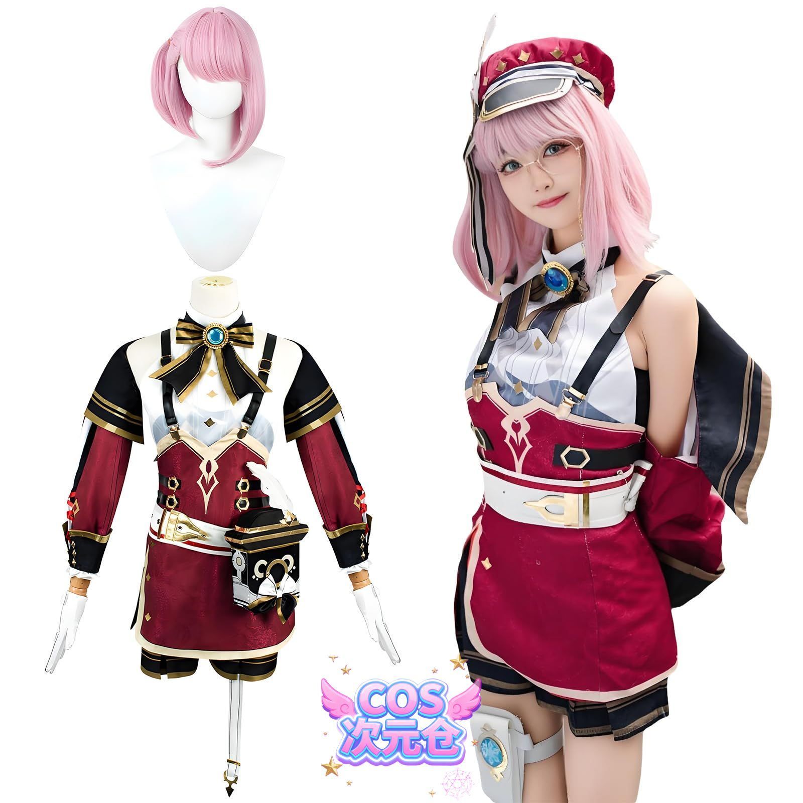 シャルロット ウィッグ付き 神併 シャルロット コスプレ ウィッグ付き 新聞記者 原神 コスプレ衣装 フルセット コスチューム 大人用 仮装 文化祭 Genshin Charlo