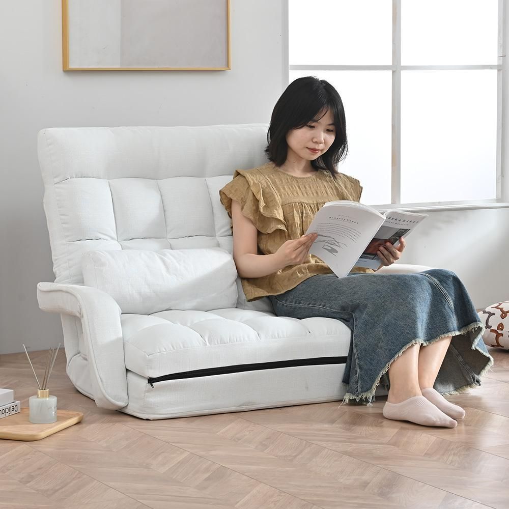 座椅子 4WAY リクライニングソファ 折りたたみ座いす 2人掛け【ホワイト】 座椅子 4WAY リクライニングソファ 折りたたみ座いす 2人掛け