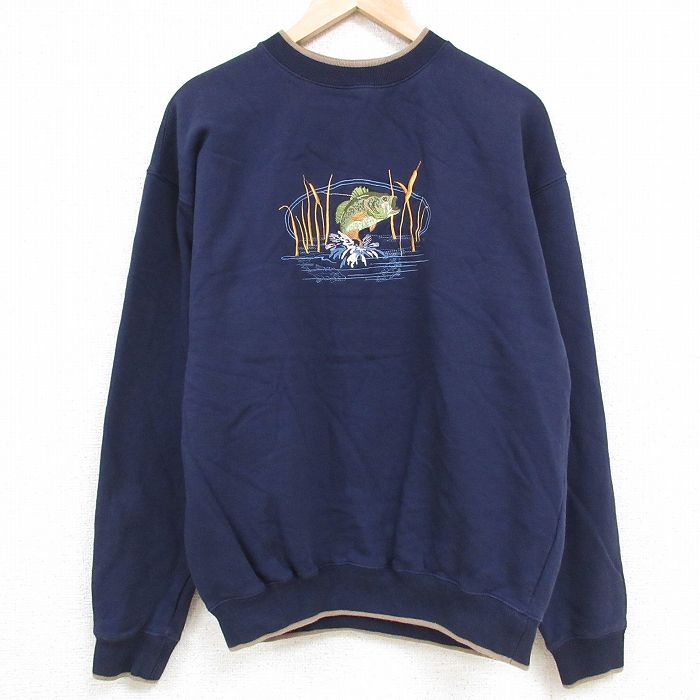L/古着 長袖 スウェット メンズ 00s ブラックバス 刺繍 クルーネック 濃紺他 ネイビー 23oct31 中古 スエット トレーナー トップス