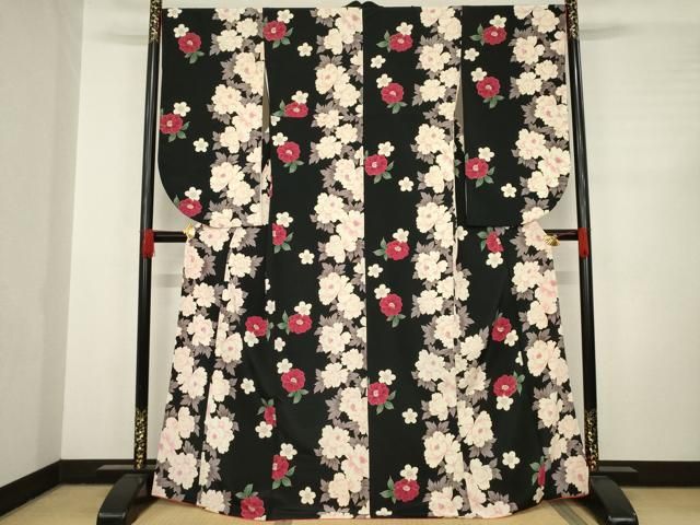 平和屋着物 小振袖 二尺袖 花間道 黒地 洗える着物 AABC8088ck