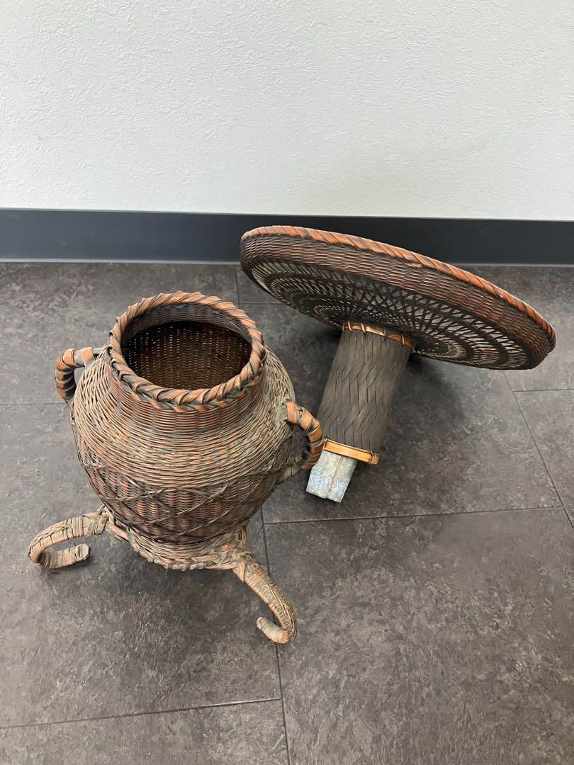 節約 古美術 生花 竹籠 花籠 唐物 花器 三足 古道具 籐