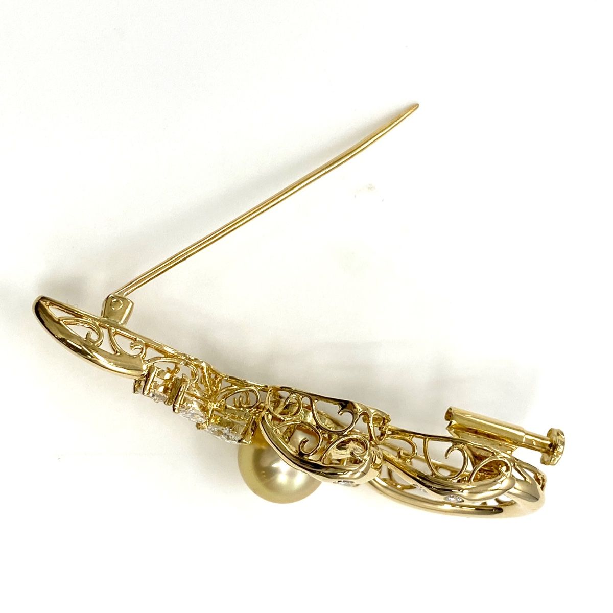 パール デザインブローチ YG イエローゴールド メレダイヤ 真珠 ブローチ 16.6×53.2 K18 パール ダイヤモンド レディース FORTGASGNV_COM_BR