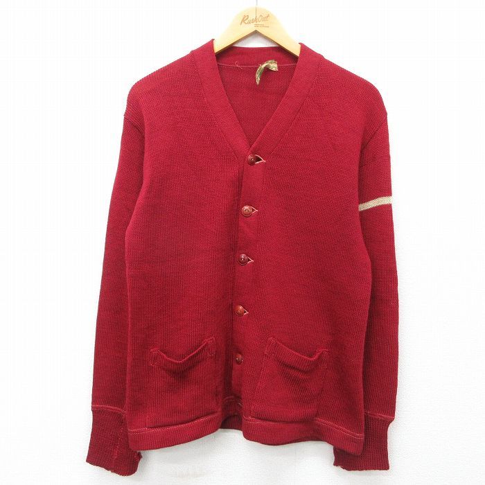 S/古着 長袖 ビンテージ レタード ニット カーディガン メンズ 60s ボロ Vネック 赤 レッド 24oct03 中古 トップス