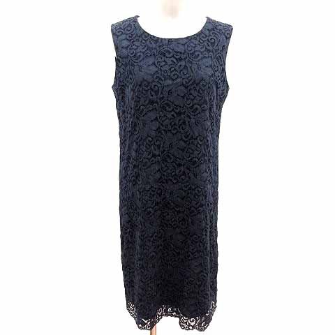 インディヴィ INDIVI ワンピース ひざ丈 総レース ノースリーブ 42 XL 紺 ネイビー /YK