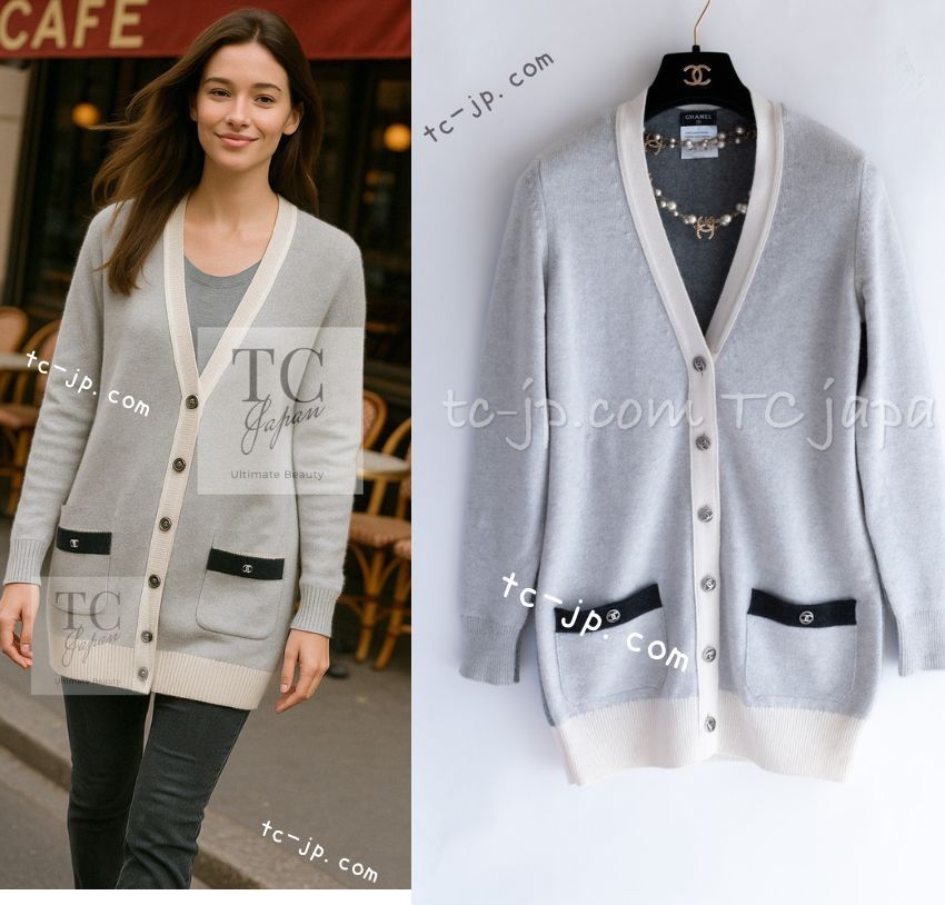 CHANEL - シャネル ライトグレー アイボリー ココボタン カシミア100% ニット カーディガン 48万 定番 カール・ラガーフェルド作品 超美品 36 38 シャネル ライトグレー アイボリー ココボタン カシミア100