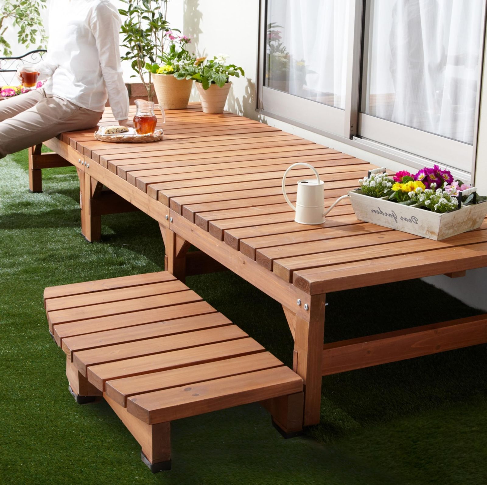 リビングアウト Living Out 天然木 厚ウッドステップ ブラウン 幅180×奥行90×高さ40cm 90×180cm 木脚キャップ付 水性ステイン塗装 テラス お洒落 リラックス 厚天板