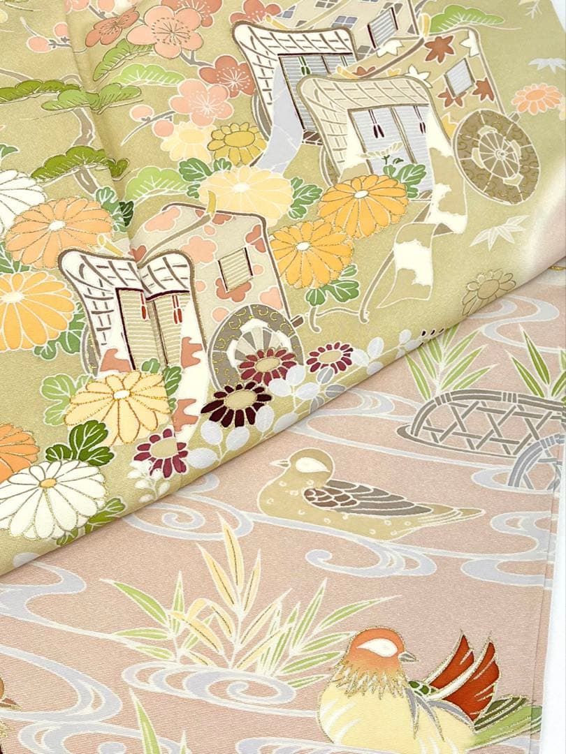 千總謹製 京友禅 訪問着 金駒 金彩 紋意匠 源氏車 鴛鴦 正絹 X417 千總謹製 京友禅 訪問着 金駒 金彩 紋意匠 源氏車 鴛鴦 正絹