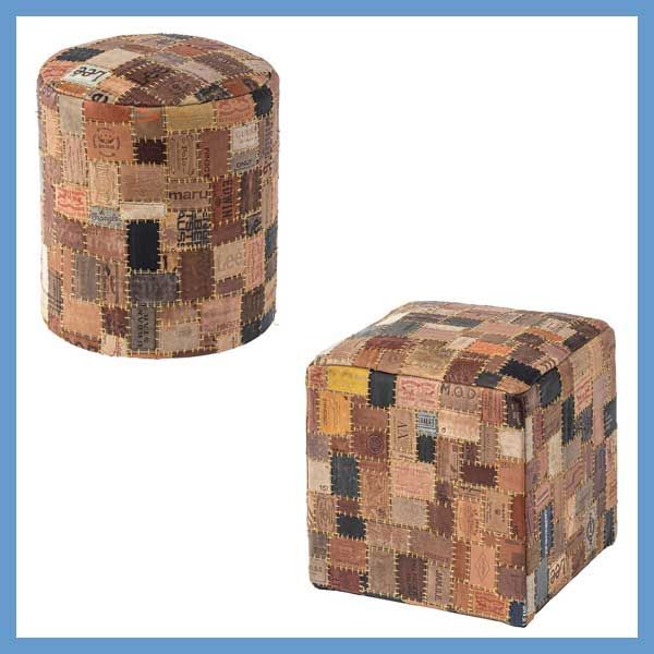 ヴィンテージ風レザータグのパッチワークスツール 約W40×D40×H44cm