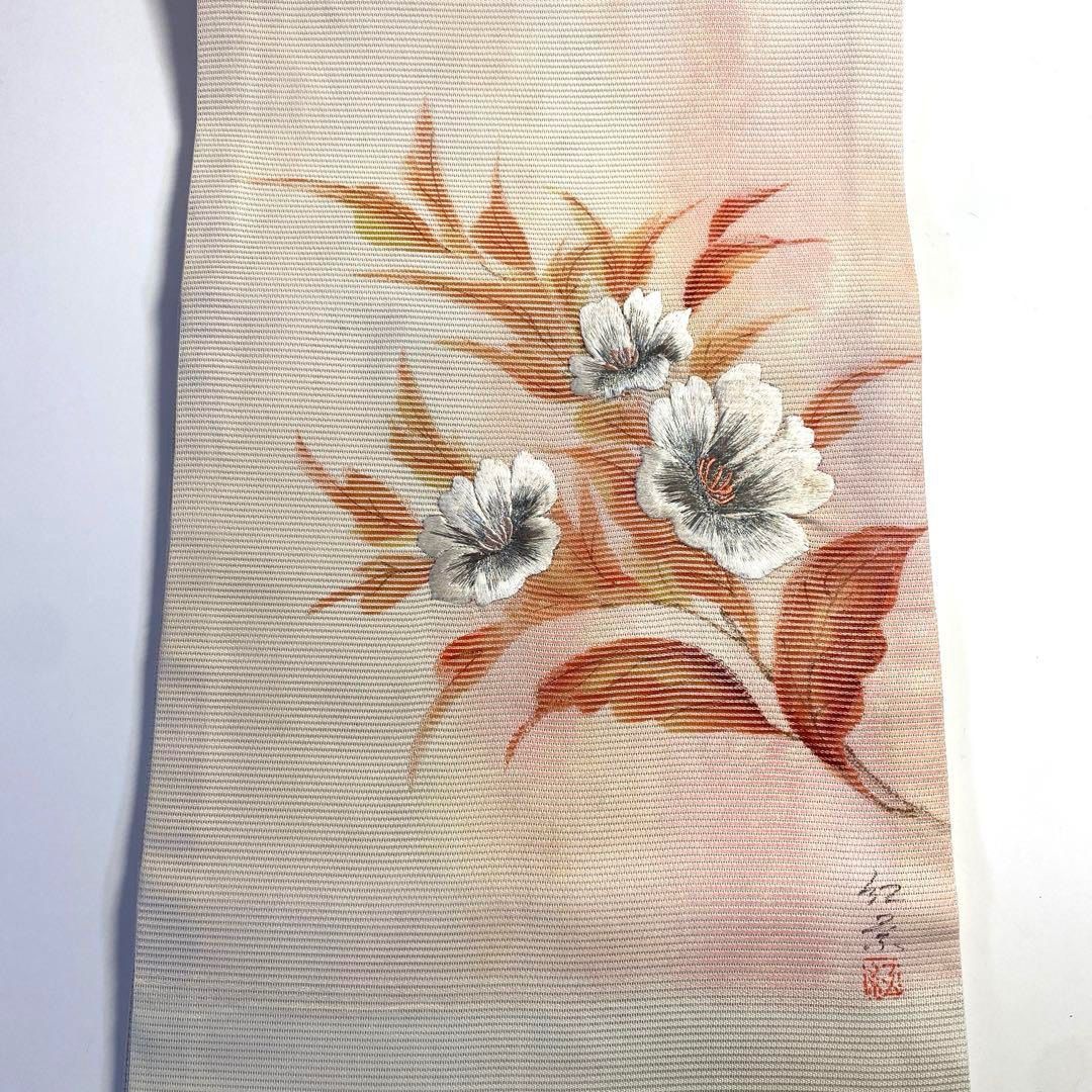 4k1142 名古屋帯 絹 夏帯 夏物 絽 蘇州刺繍 作家物 落款 白 赤 花柄 